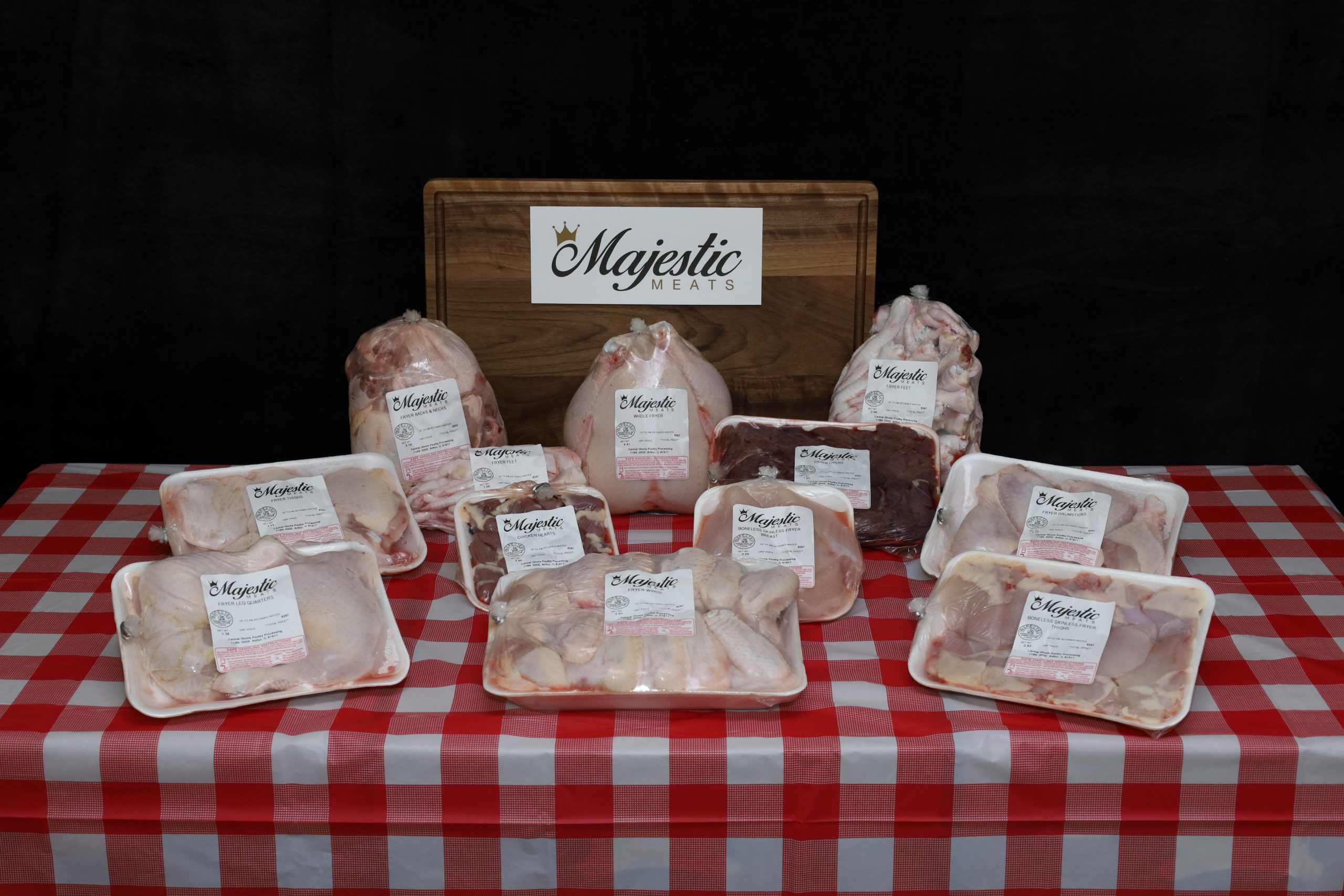 Large selection of Majestic packaged meat on a table